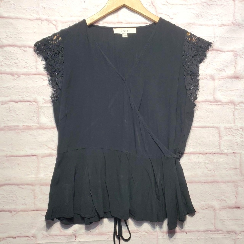 LOFT Black Lace Peplum Dark Fairy Goth‎ Wrap Blouse Womens Large Whimsigoth Top